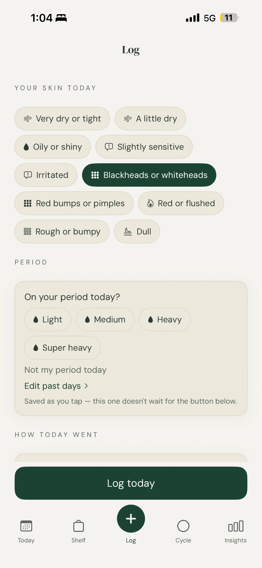 Dermasync Log screen for daily skin and cycle check-in